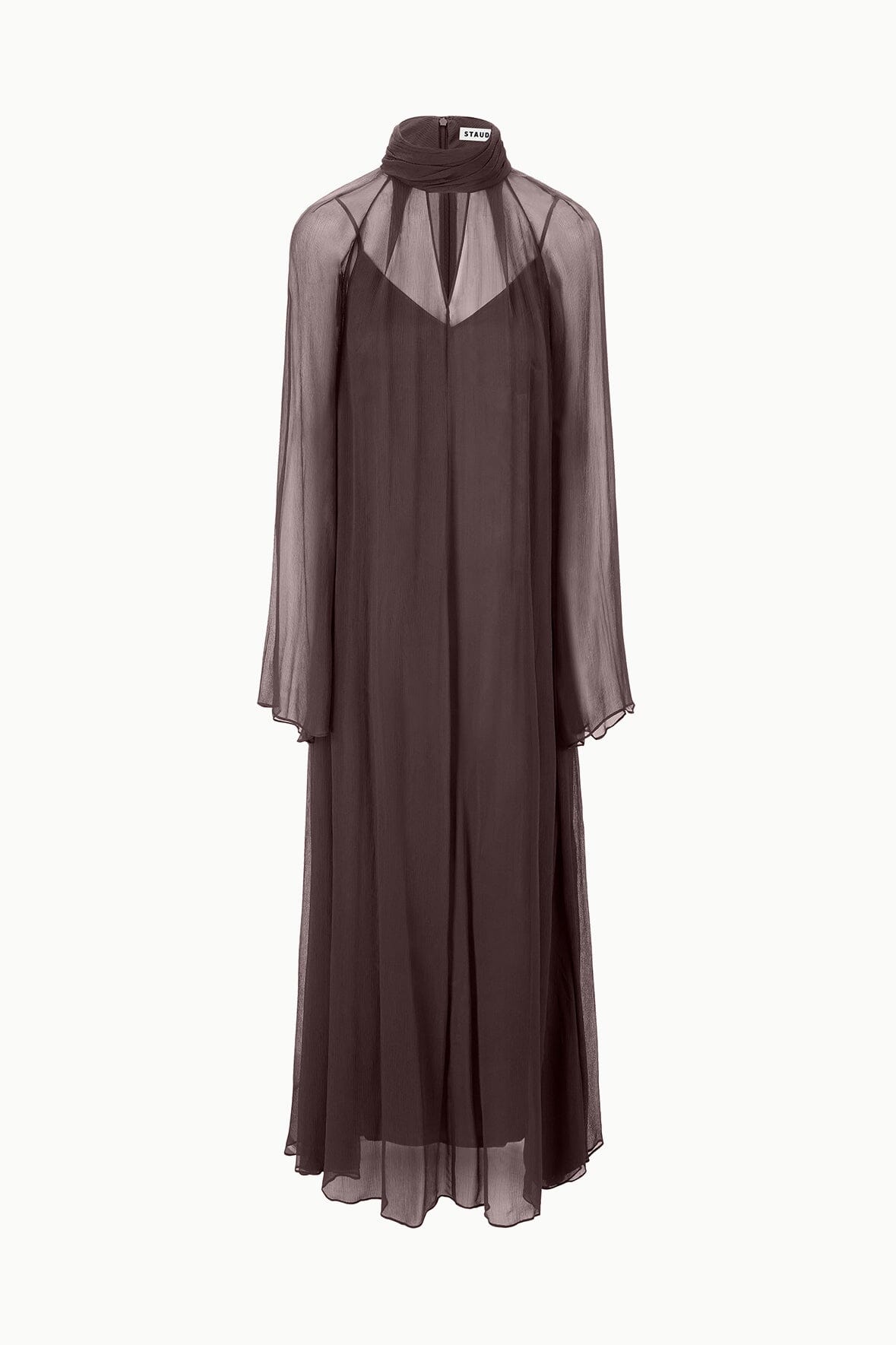 Dark brown sheer long-sleeve maxi dress with high neckline and layered underlayer