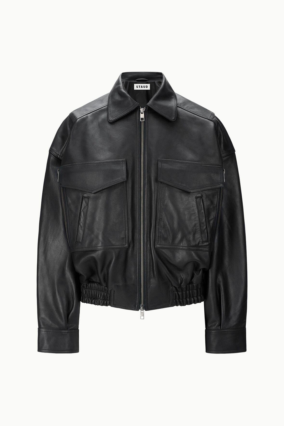 Black leather bomber jacket with zip front, stand collar, flap pockets, ribbed hem