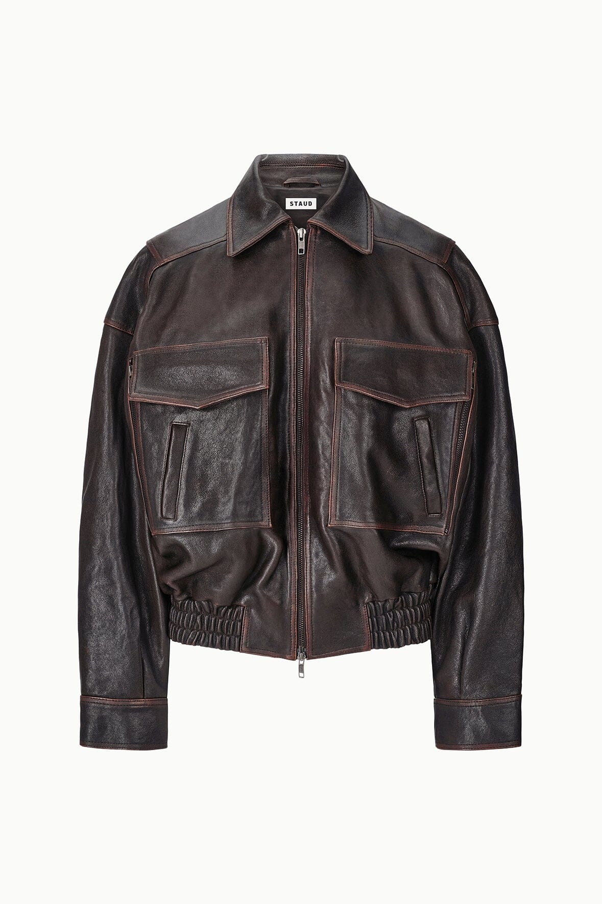 Distressed brown leather jacket front view with stand collar and two flap pockets