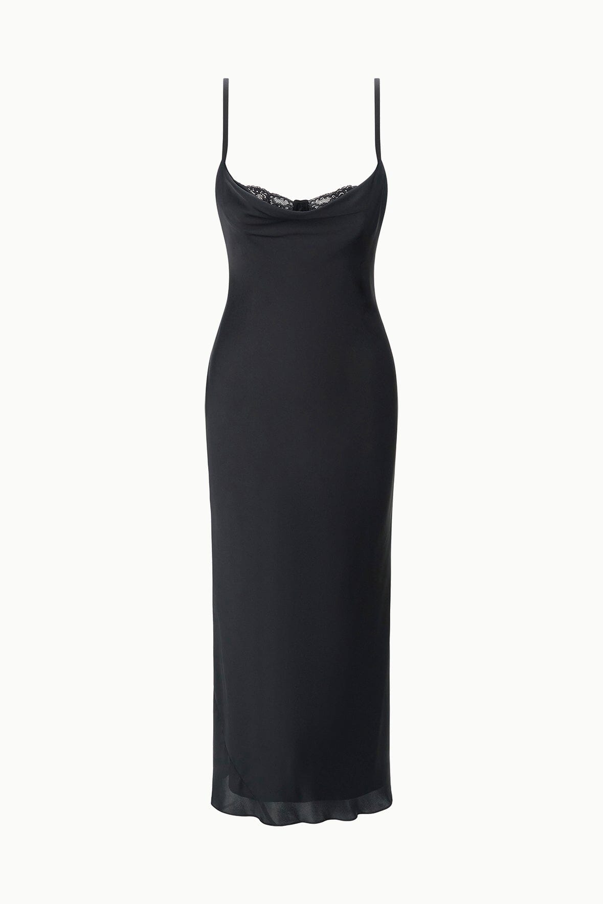 Black silk midi dress on a plain background with lace-trim spaghetti straps