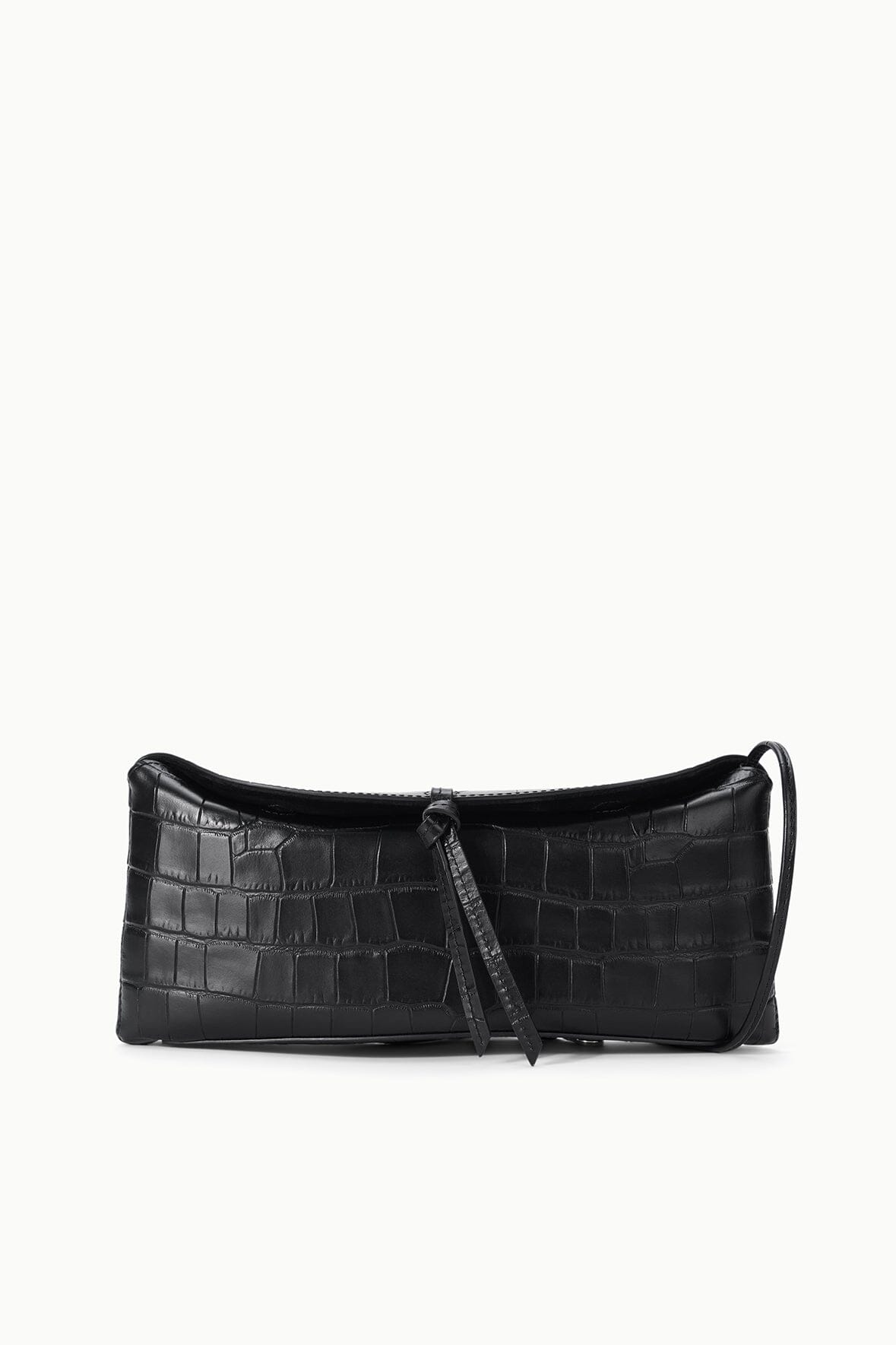 Black croc-embossed EVE clutch with top zip and wrist strap
