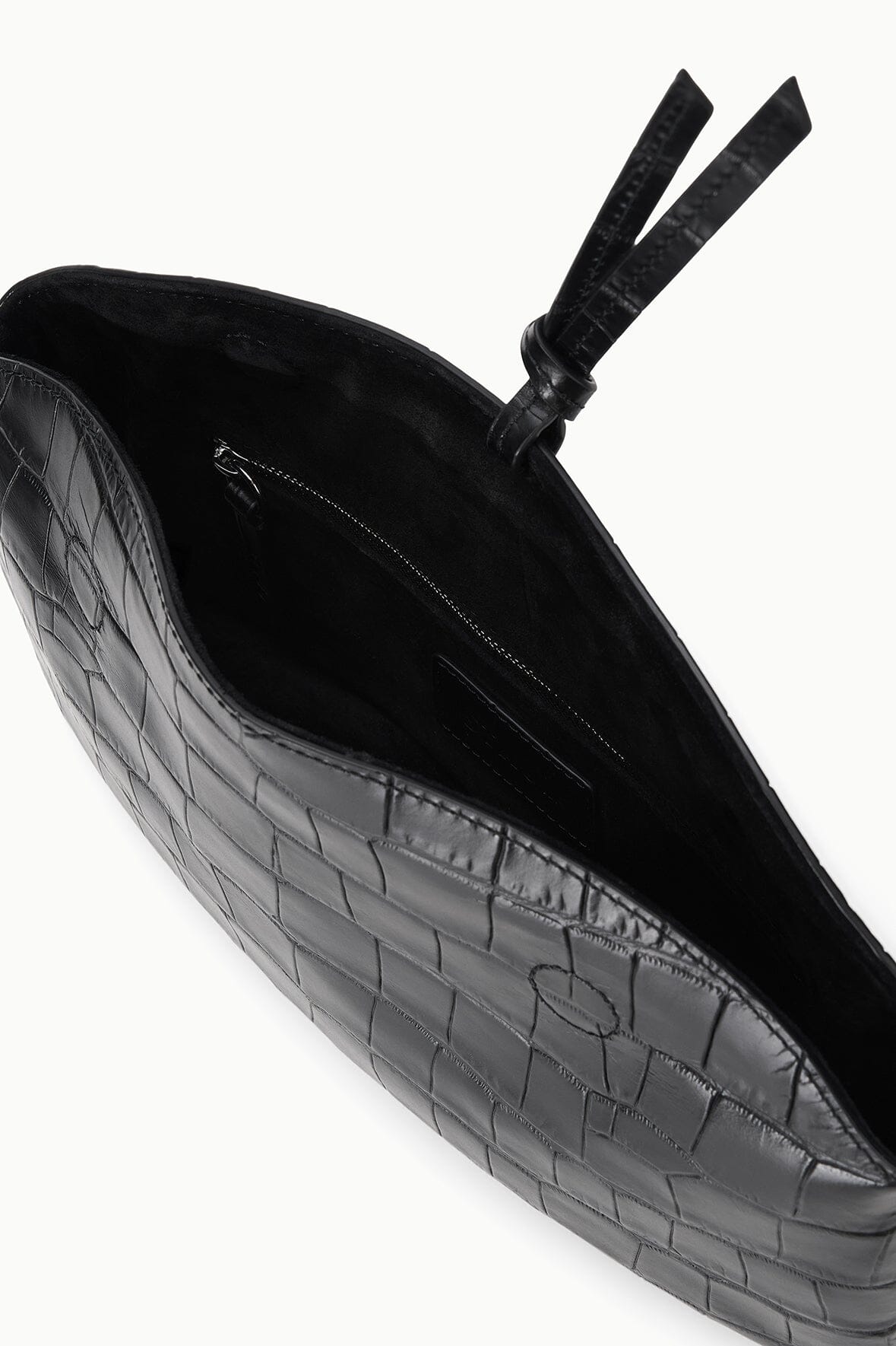 Black croc-embossed EVE clutch interior with top zipper
