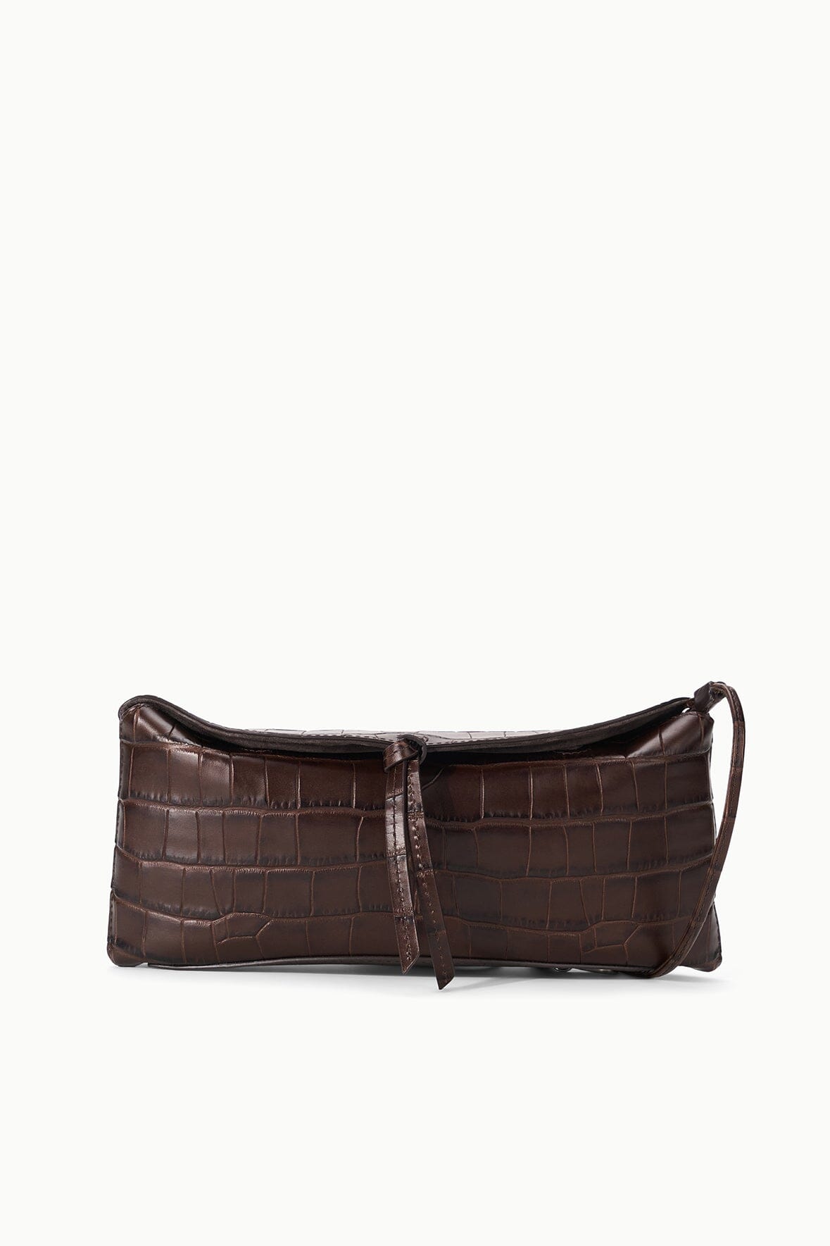 Espresso croc-embossed clutch bag with tie strap and structured front