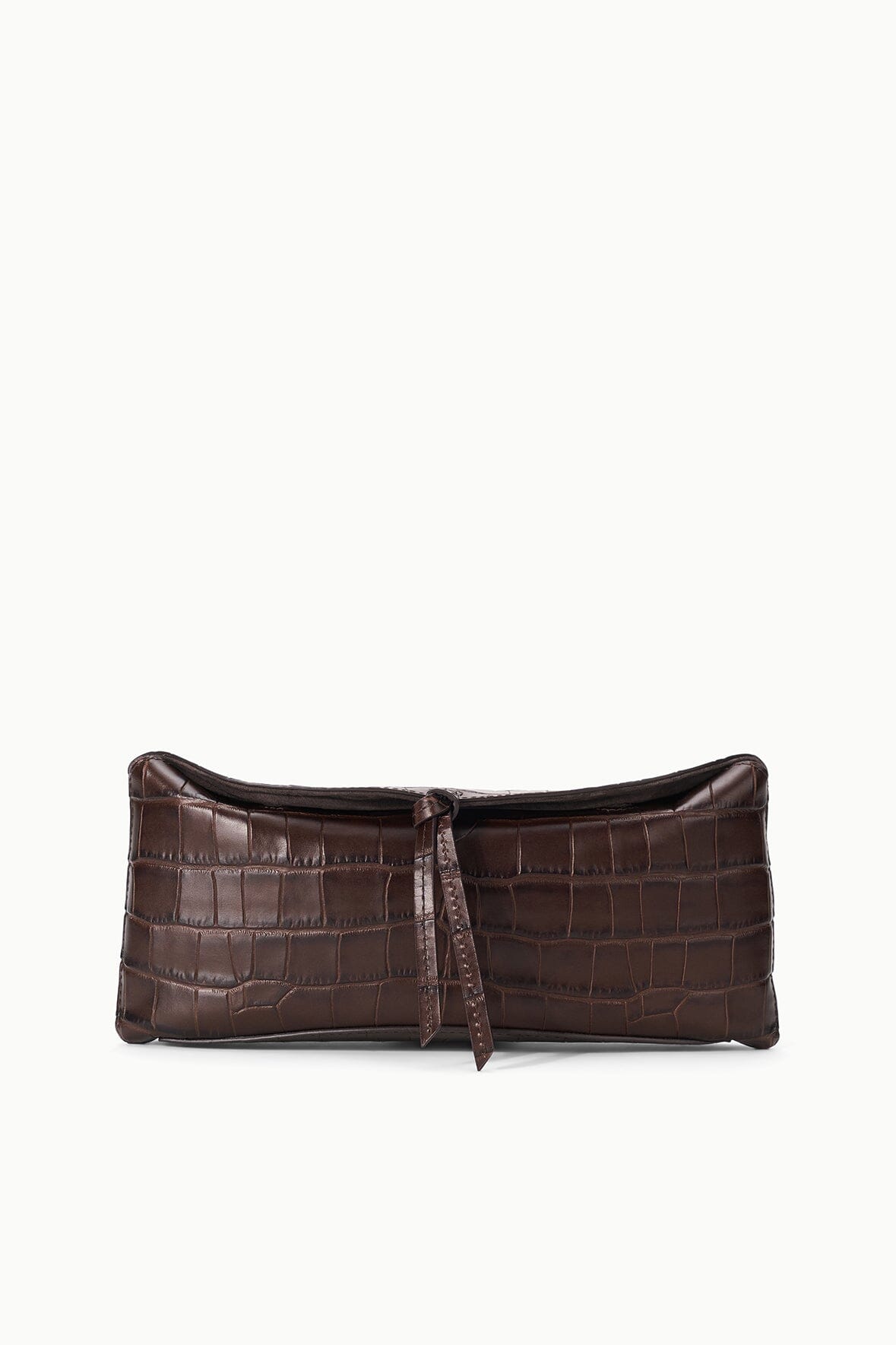 EVE croc-embossed clutch bag in espresso brown, front tie closure