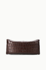 Espresso croc-embossed clutch bag with curved top and side profile