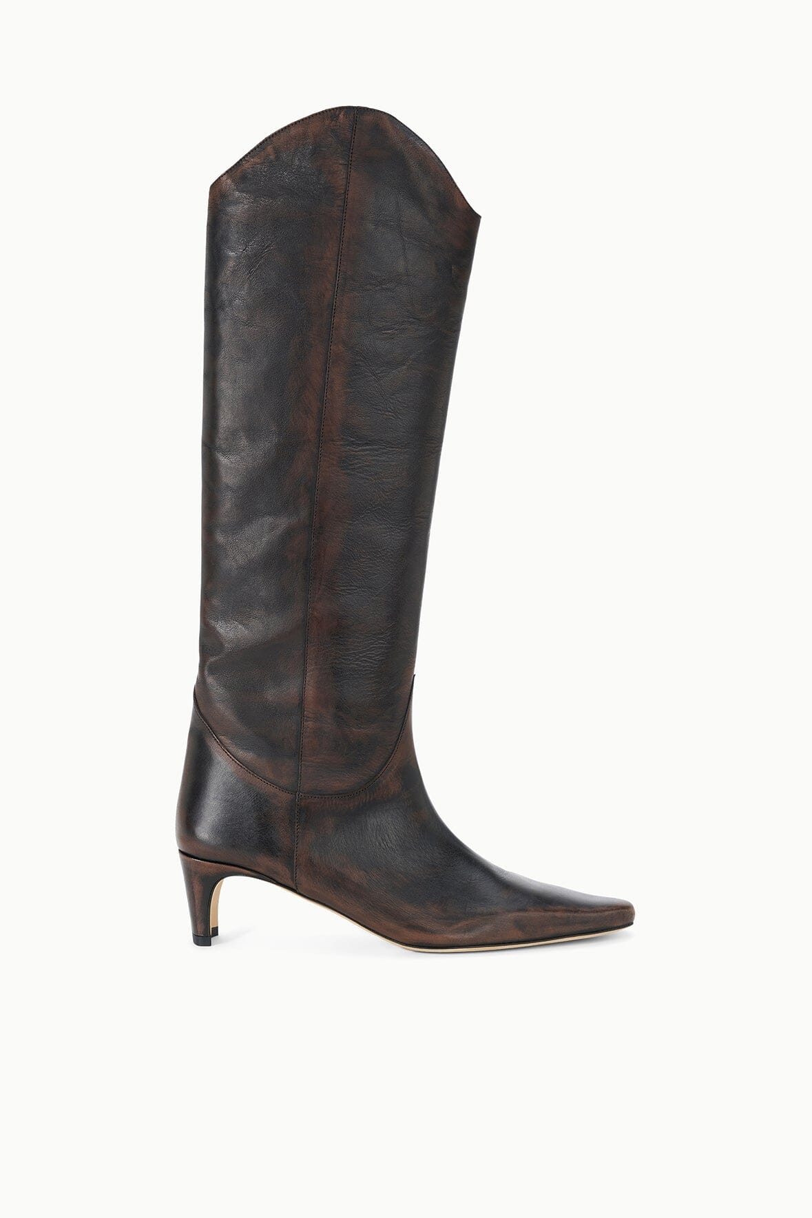 Dark brown tall western boot with pointed toe, low stacked heel, distressed leather
