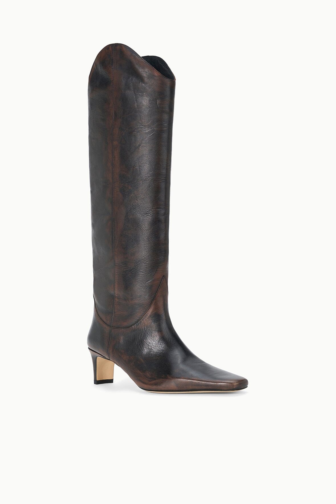 Dark brown tall western boot with slight heel, pointed toe, distressed finish