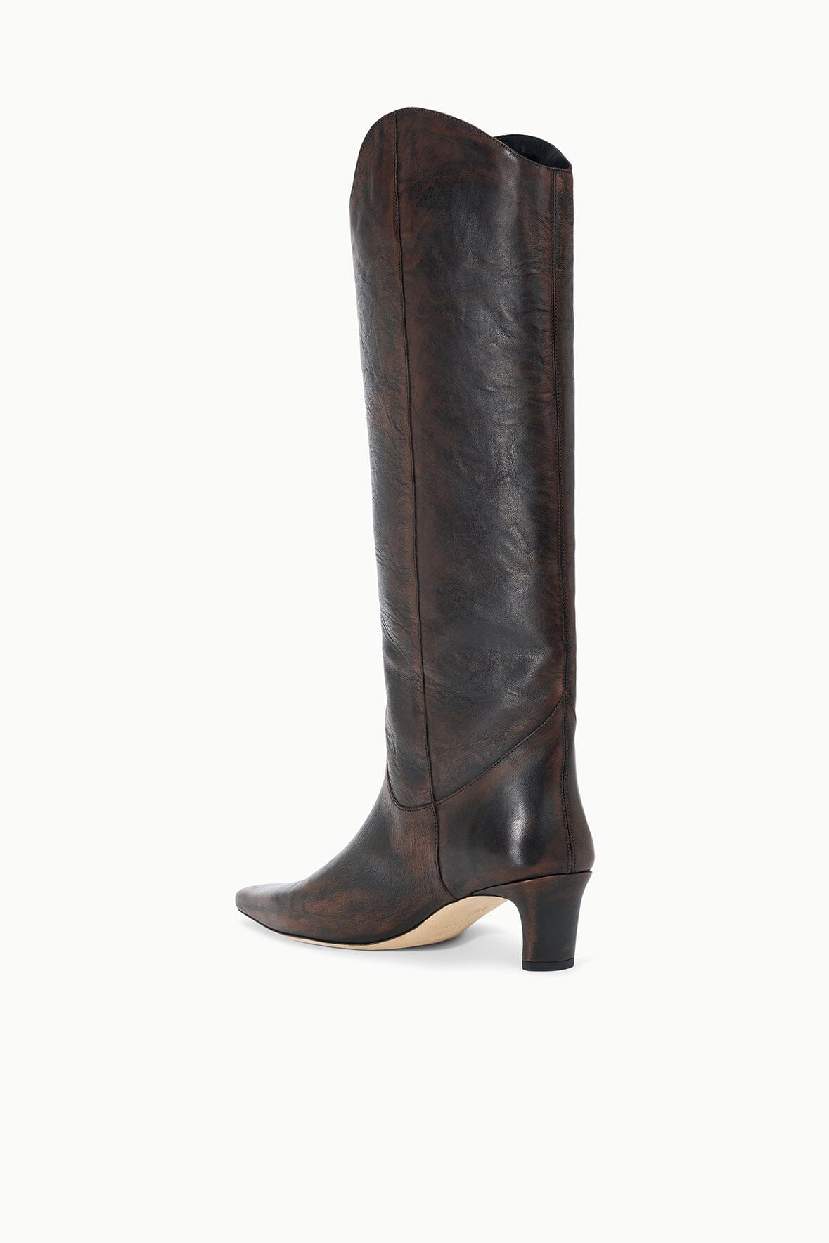 Dark brown western boot with slim heel and pointed toe; visible shaft seam