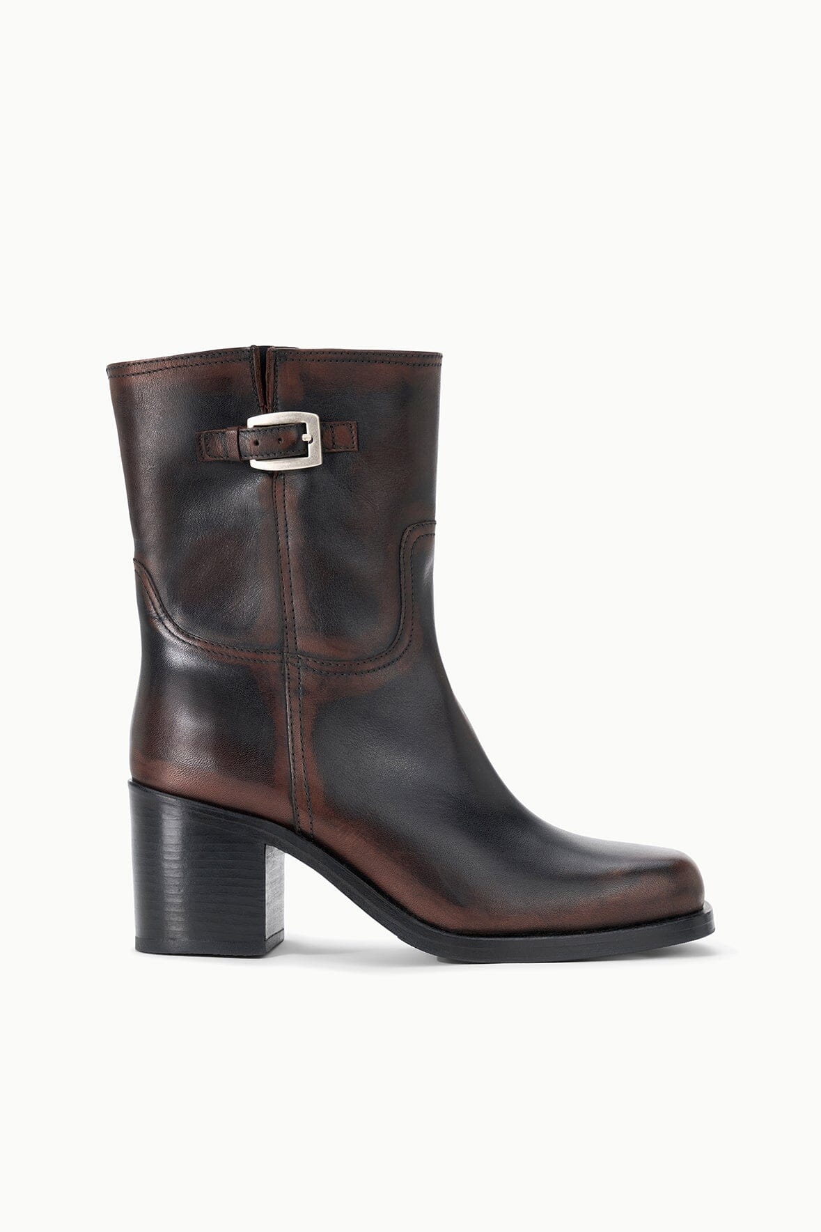 Espresso brown distressed ankle boot with side buckle strap and block heel