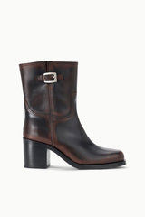 Espresso brown distressed ankle boot with side buckle strap and block heel