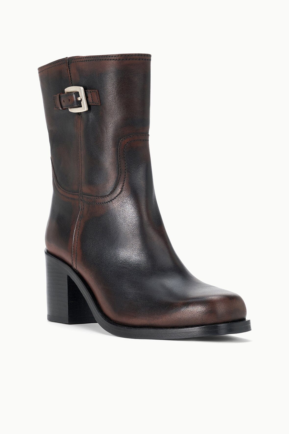 Espresso brown ankle boot with side buckle strap and square block heel