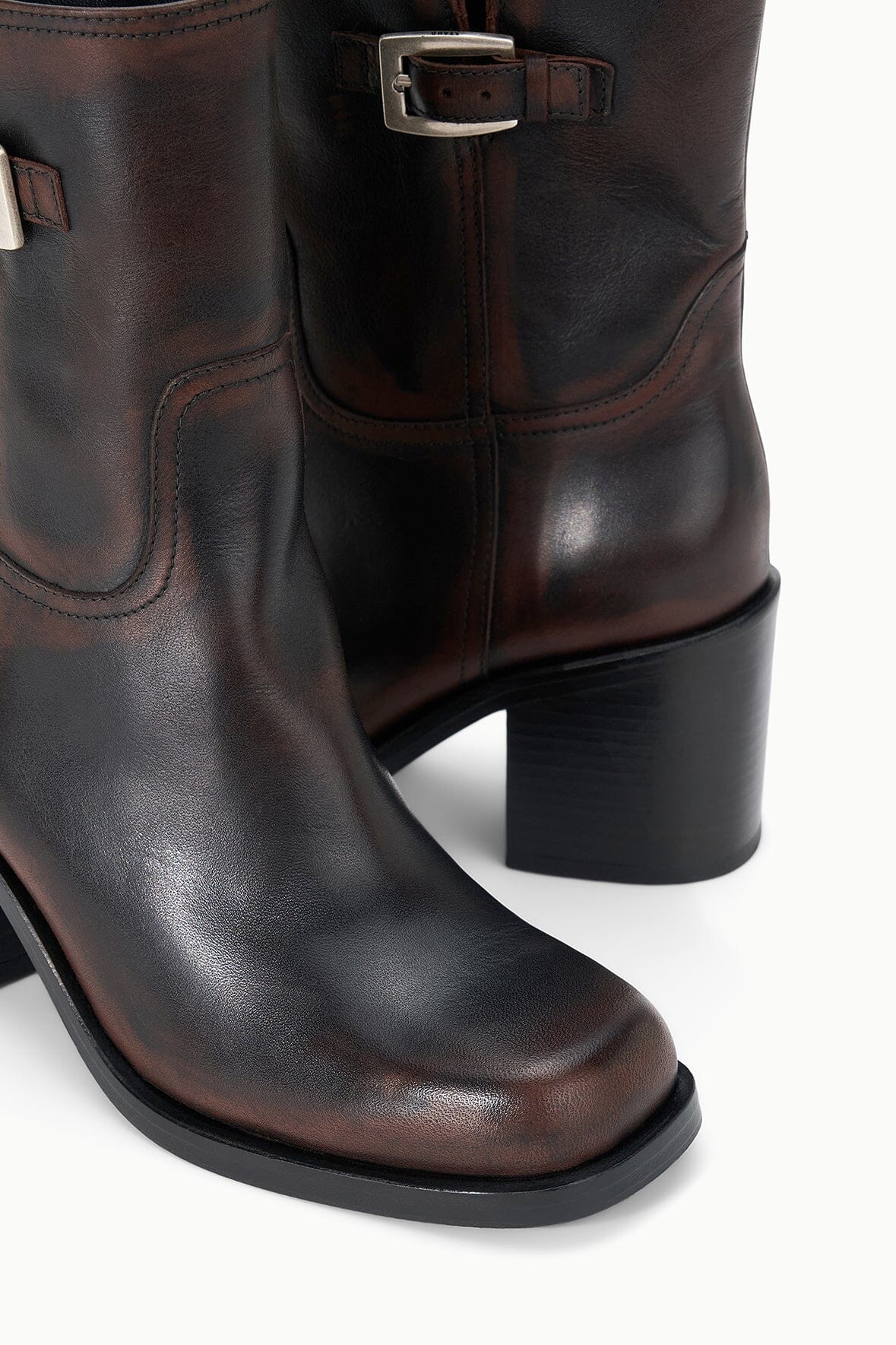 Espresso brown distressed ankle boot heel with side buckle strap detail