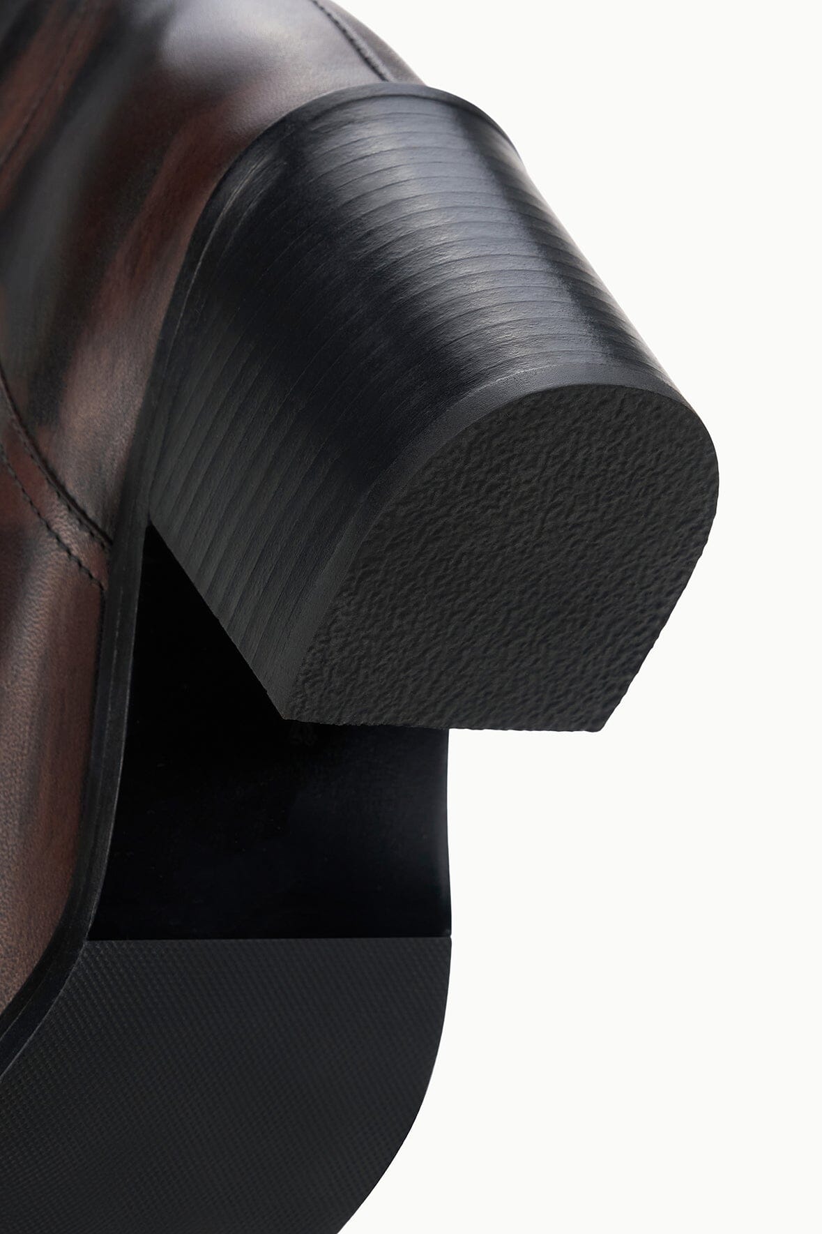Ankle boot heel and sole close-up with textured dark tread