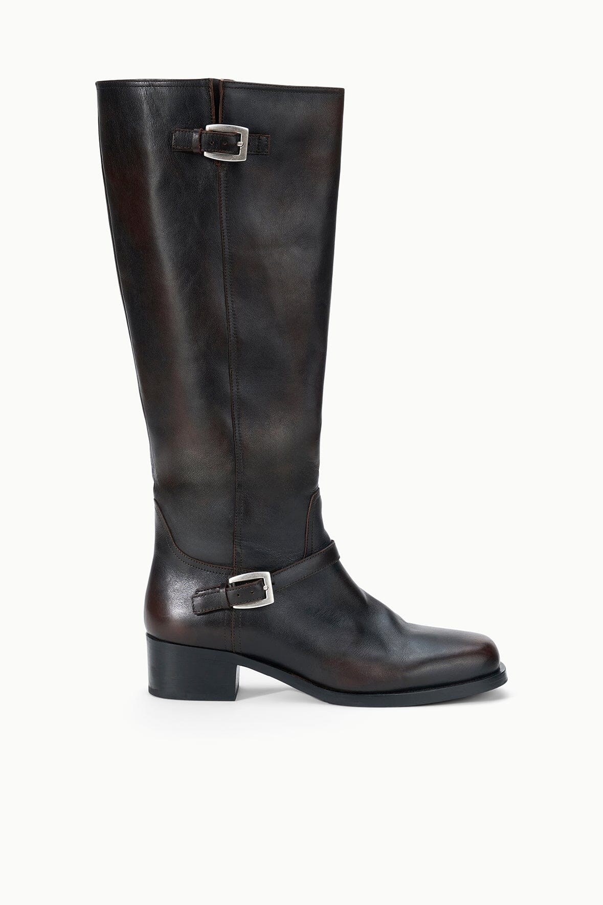 Espresso distressed flat boot, tall shaft with double buckle strap