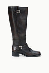 Espresso distressed flat boot, tall shaft with double buckle strap