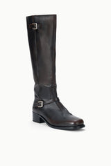 Espresso distressed tall flat boot with buckle strap and low block heel