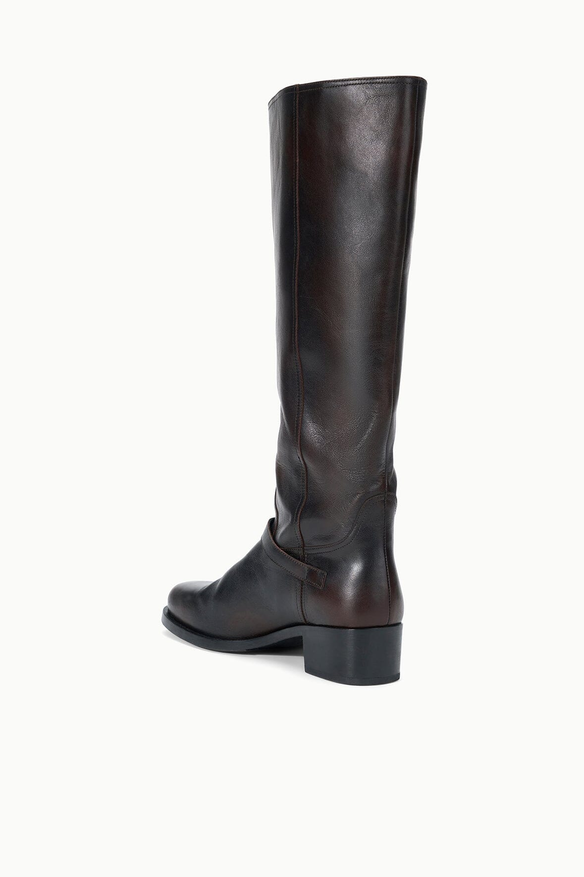 Espresso distressed flat knee boot with buckle detail and low block heel