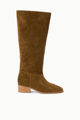 Suede knee-high boots in cigar brown with low block heel and pull-on shaft