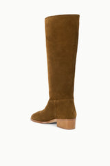 Cigar brown suede knee-high boot with stacked block heel and pull-on design