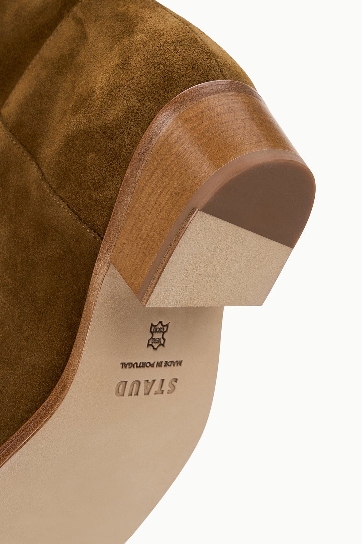 Cigar brown suede boot with printed logo on footbed and wood-toned inner trim