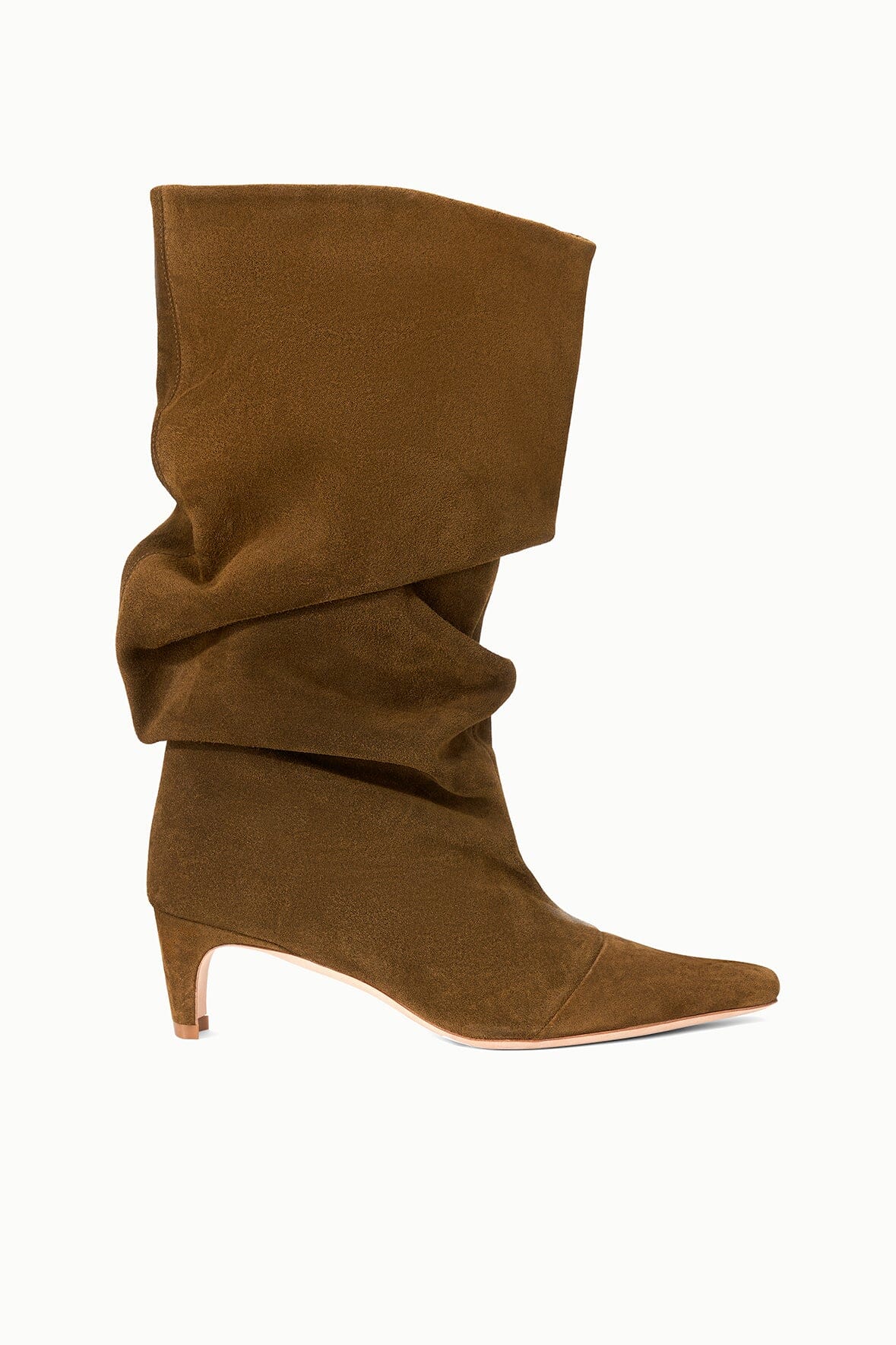 Cigar-brown suede slouch boots with gathered shaft and stacked heel