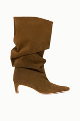 Cigar-brown suede slouch boots with gathered shaft and stacked heel