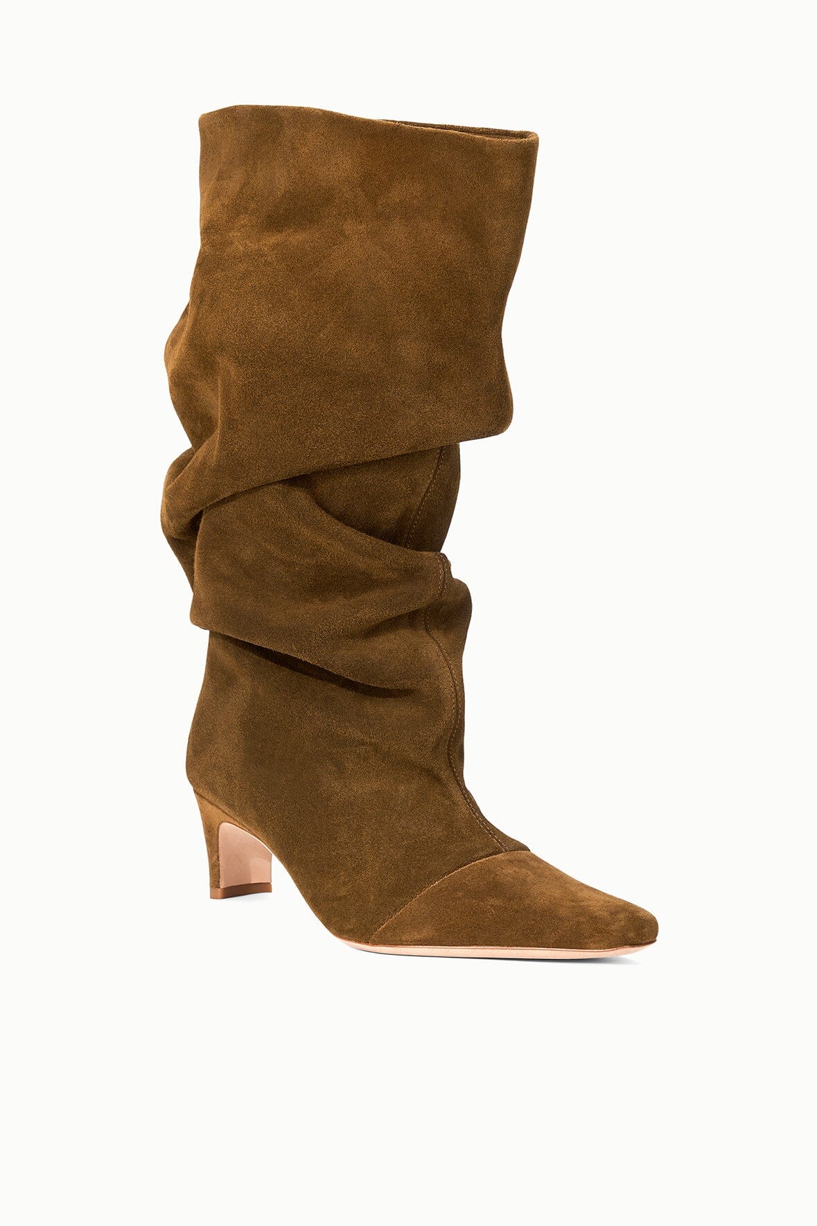 Cigar-brown suede slouch boots with folded ruched shaft and low stacked heel