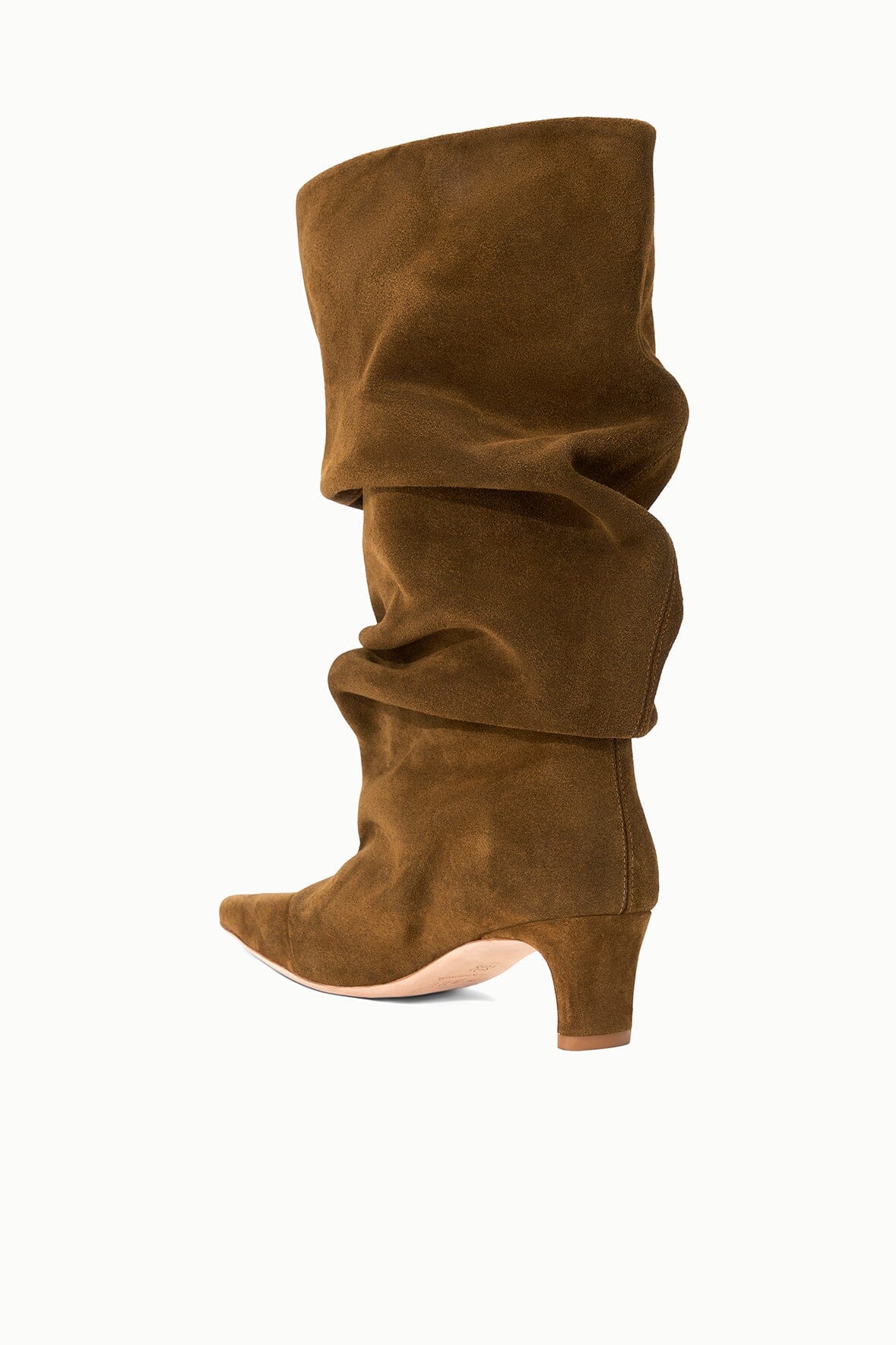 Cigar-brown suede slouch boots with gathered shaft and block stacked heel