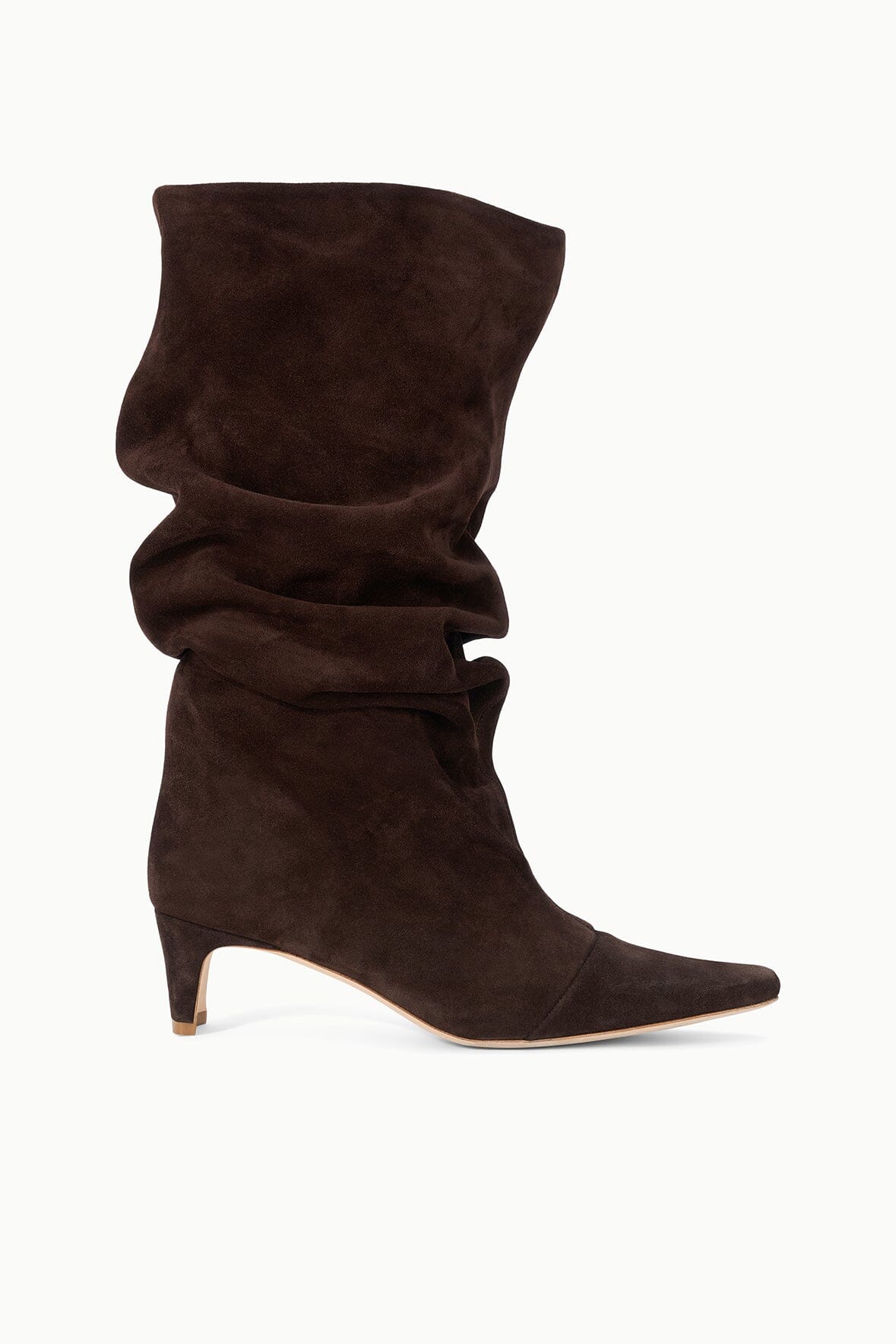 Brown suede slouch boots with stacked heel and ruched shaft, side view