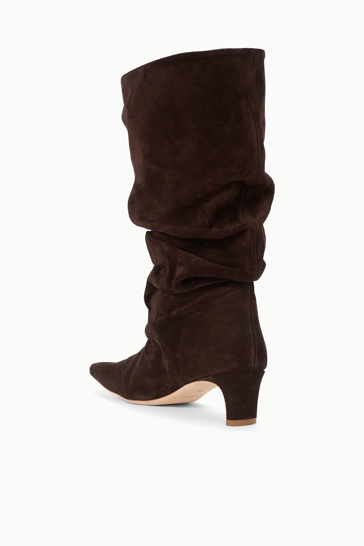 Brown suede slouch boots with gathered front and low block heel, angled view