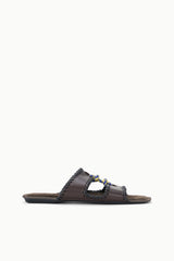 Espresso-brown slide sandals with braided crossover strap and open toe