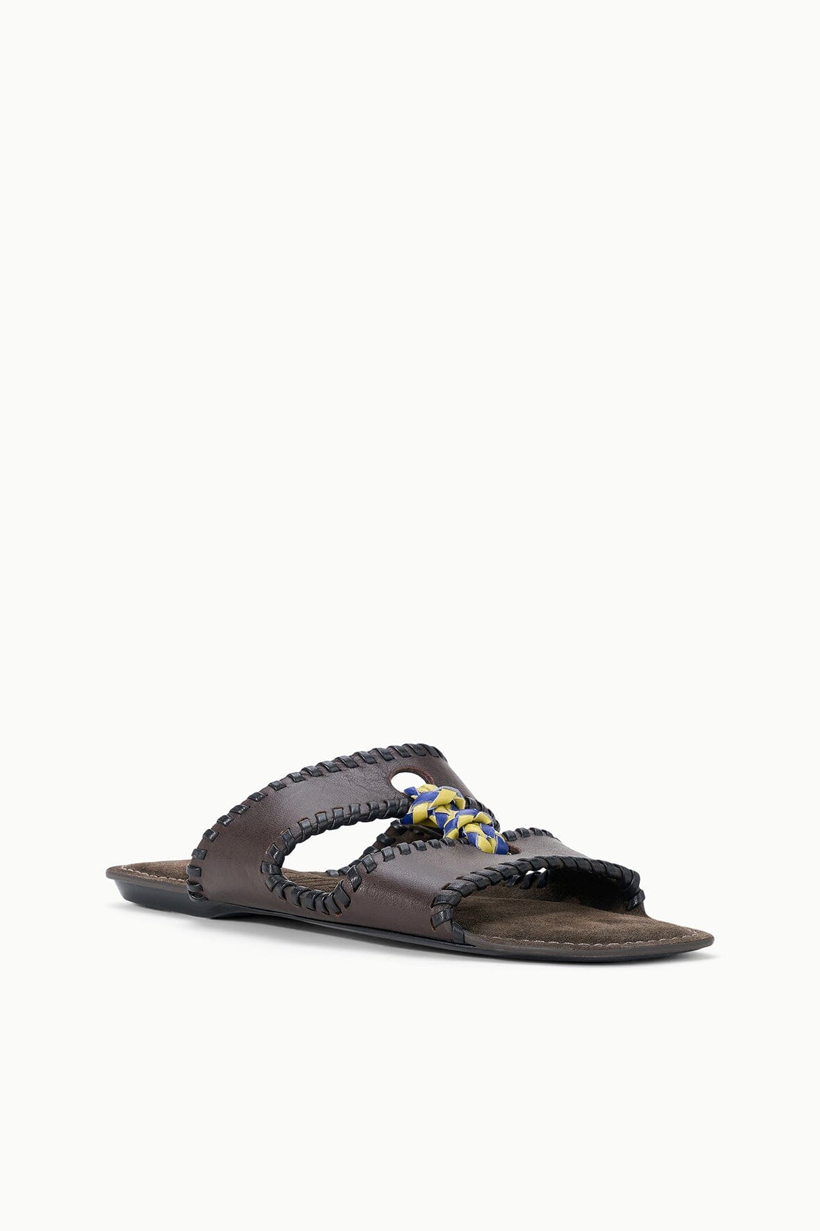 Espresso-brown slide sandals with braided upper and blue-yellow knot detail
