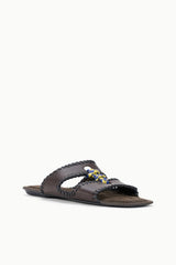 Espresso-brown slide sandals with braided upper and blue-yellow knot detail