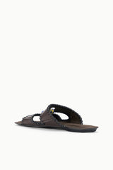 Espresso-brown thong-style slide sandals with braided straps and open toe