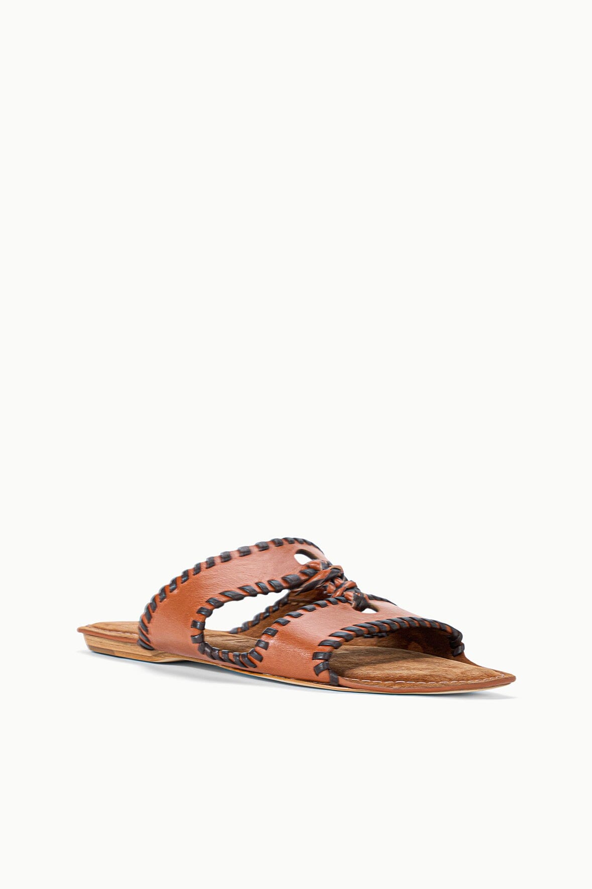 Tan leather slide sandals with crisscross braided straps and open toe