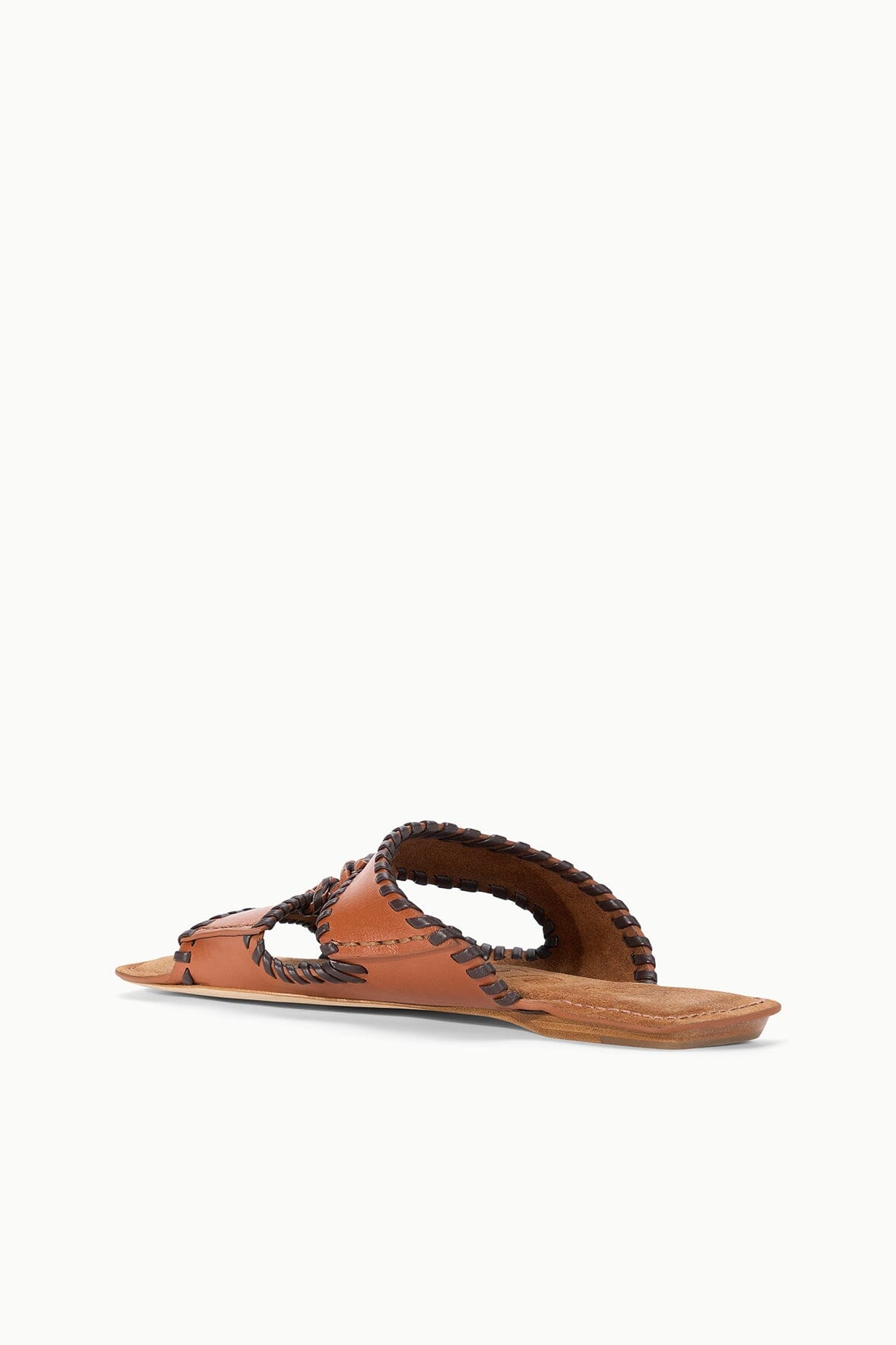 Tan leather slide sandals with woven strap detailing and open toe