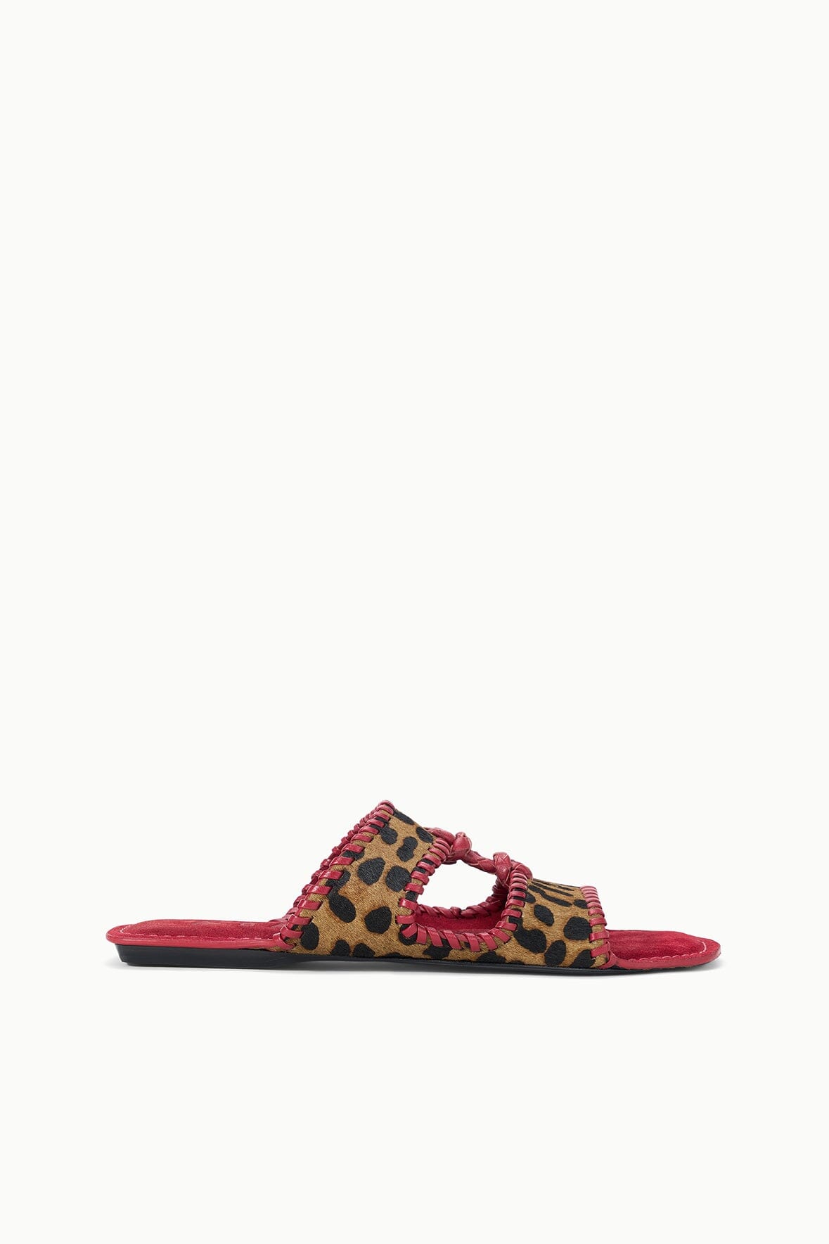 Cheetah-print slide sandal with red footbed and wide braided strap detail