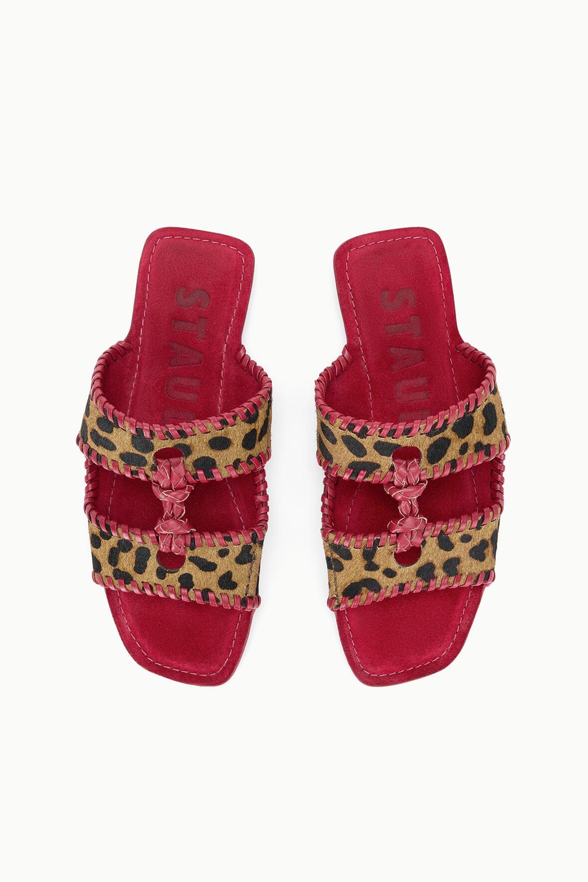 Cheetah-print slide sandals with red interior lining and ruffled leopard straps