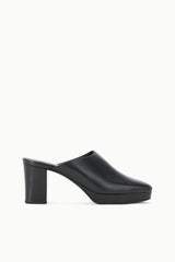 Black leather mule clog with chunky block heel, side profile