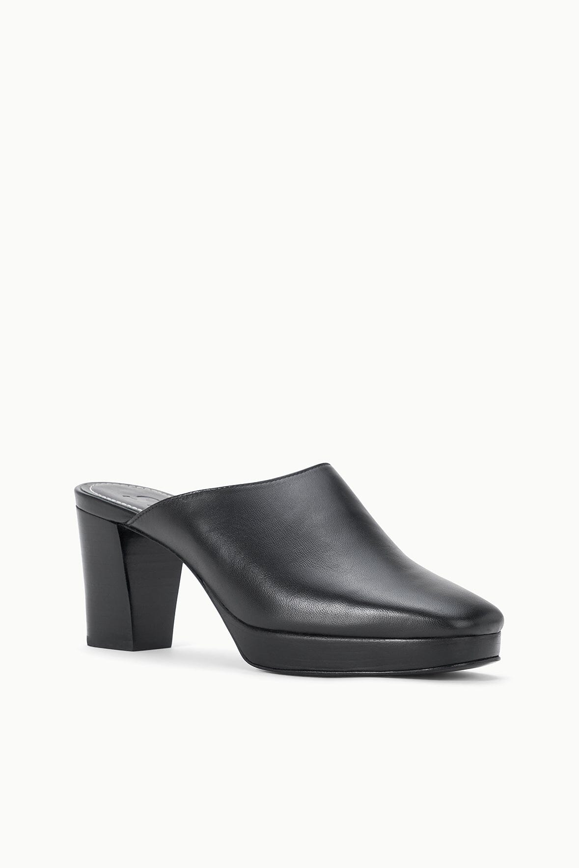 Black leather mule clog with block heel, angled side view