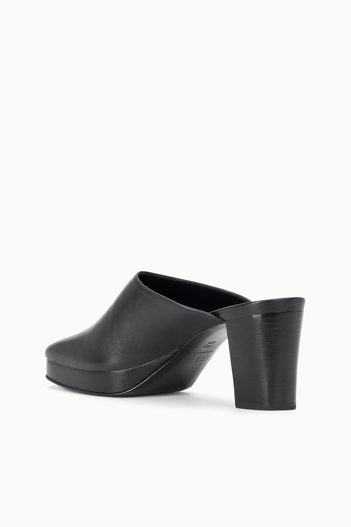 Black mule clog with block heel, open-back side view