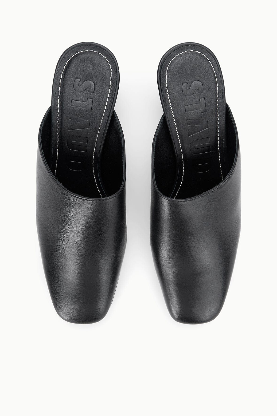 Black mule clogs pair, open back and rounded toe view
