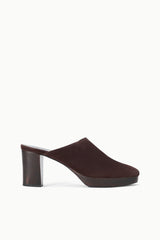 Espresso-brown suede mule with chunky block heel and open back slide