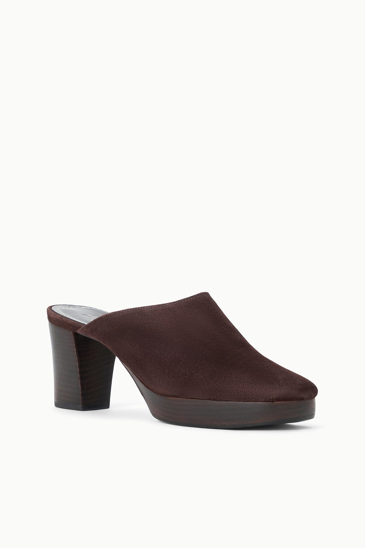 Espresso-brown suede mule with mid block heel and open back, side view