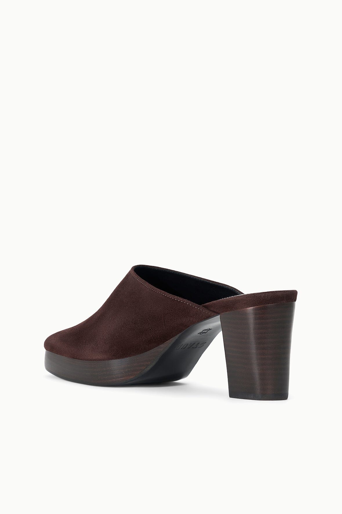 Brown suede slide mule with open back and thick platform sole