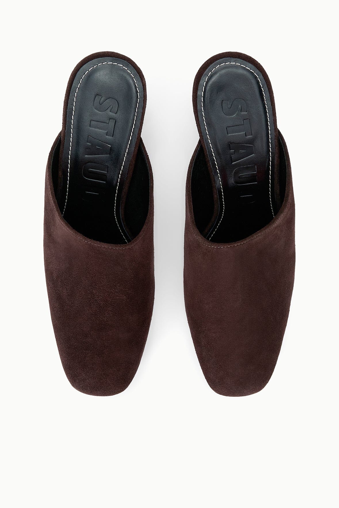 Pair of brown suede slide mules with open back and chunky block heels