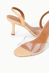 Porcini PVC heeled sandal close-up with clear upper and tan heel