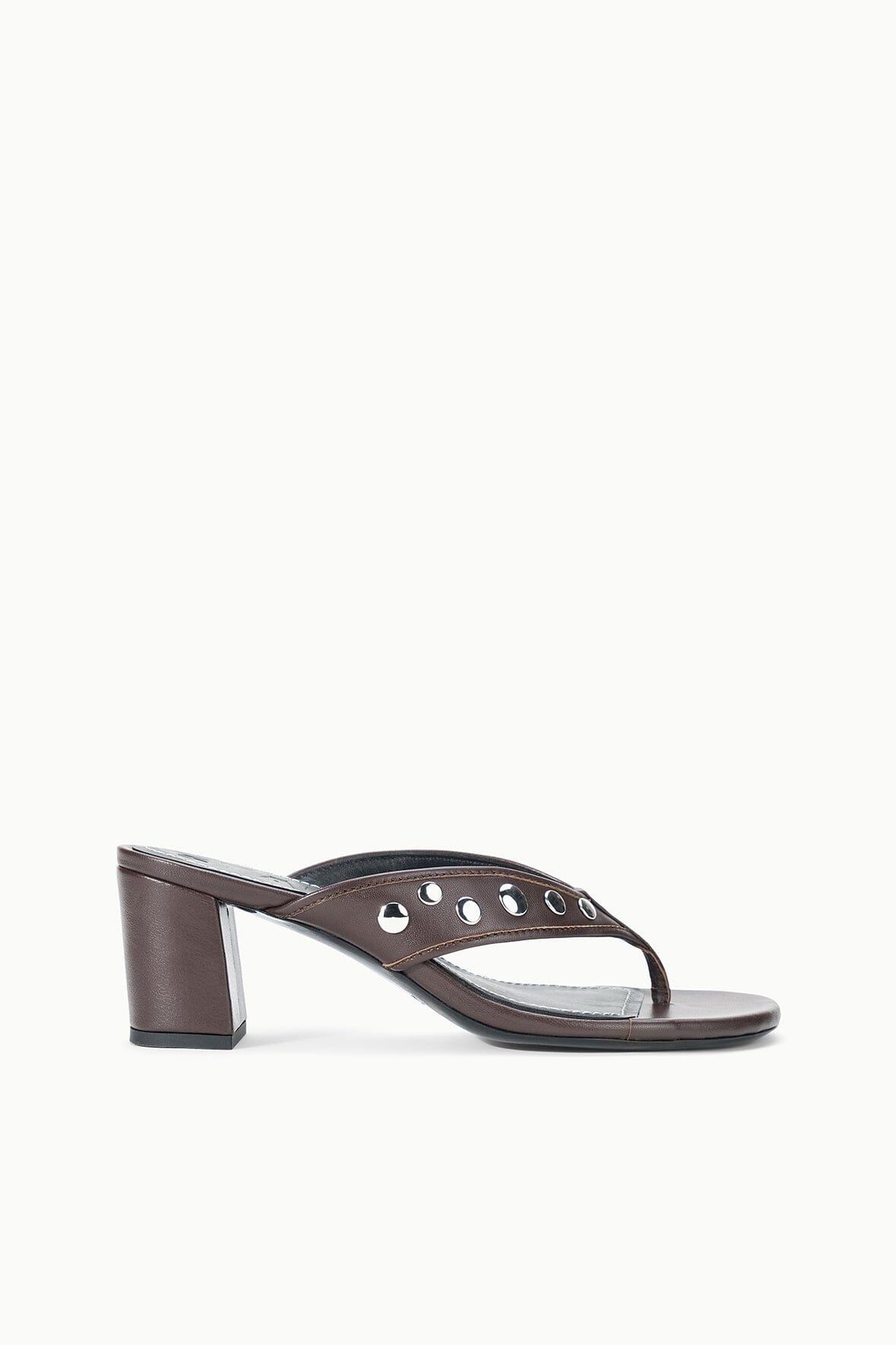 Dark brown studded thong heel mule with chunky block heel