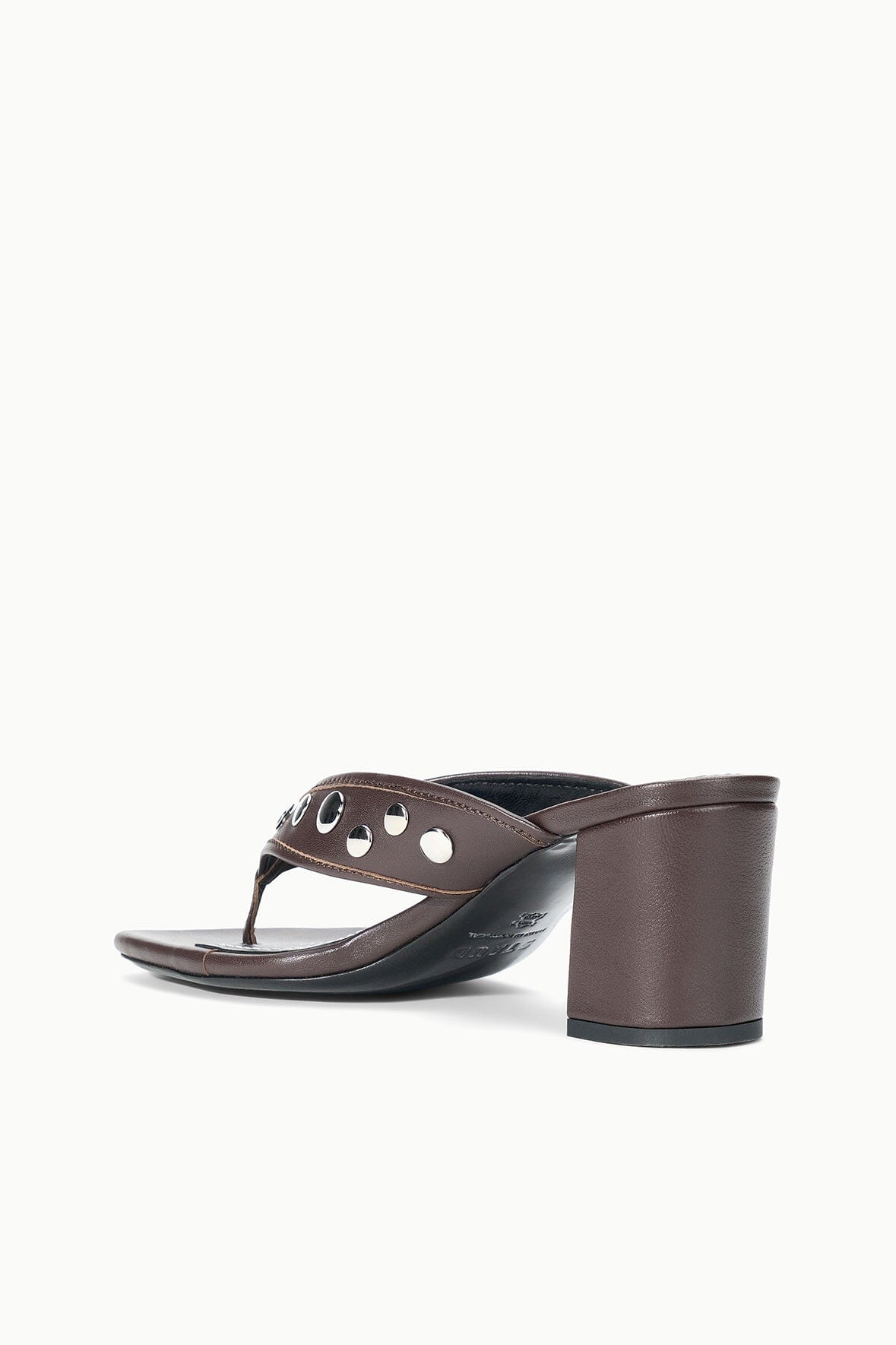 Dark brown studded slide sandal with thick block heel, open toe view