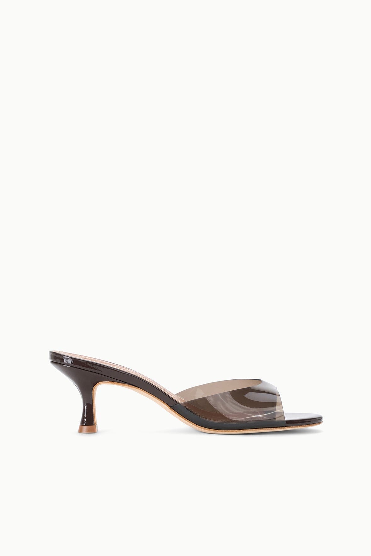 Espresso PVC mule sandal with clear upper and slim mid heel
